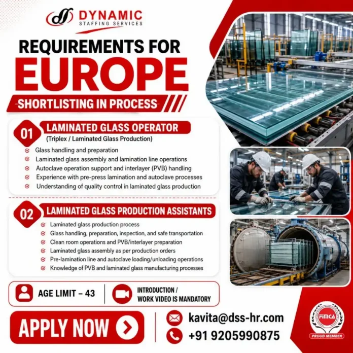 Laminated glass production line operator at work in Europe factory