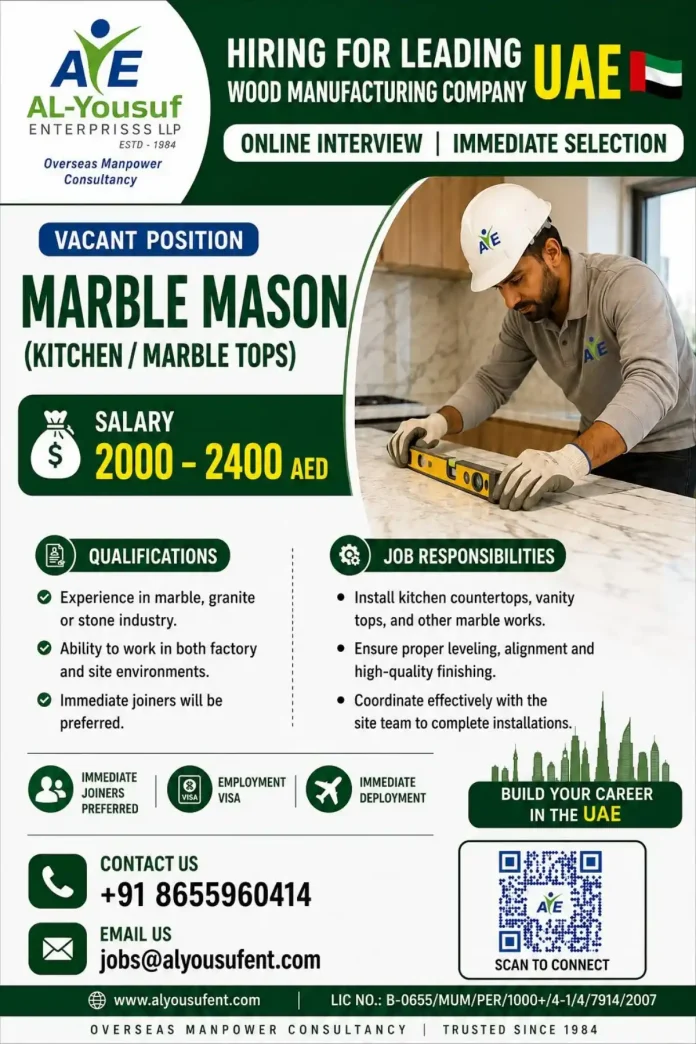 Marble Mason installing a kitchen countertop in a modern UAE home