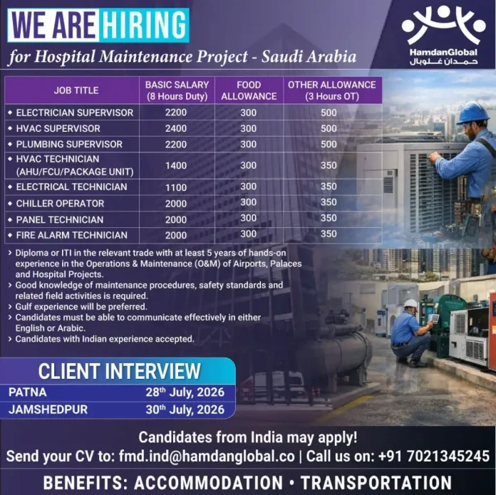 HamdanGlobal hiring for hospital maintenance project in Saudi Arabia