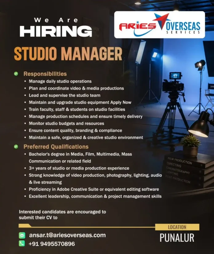 Studio Manager job at Aries Overseas