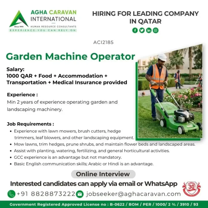 Garden Machine Operator operating lawn mower in Qatar