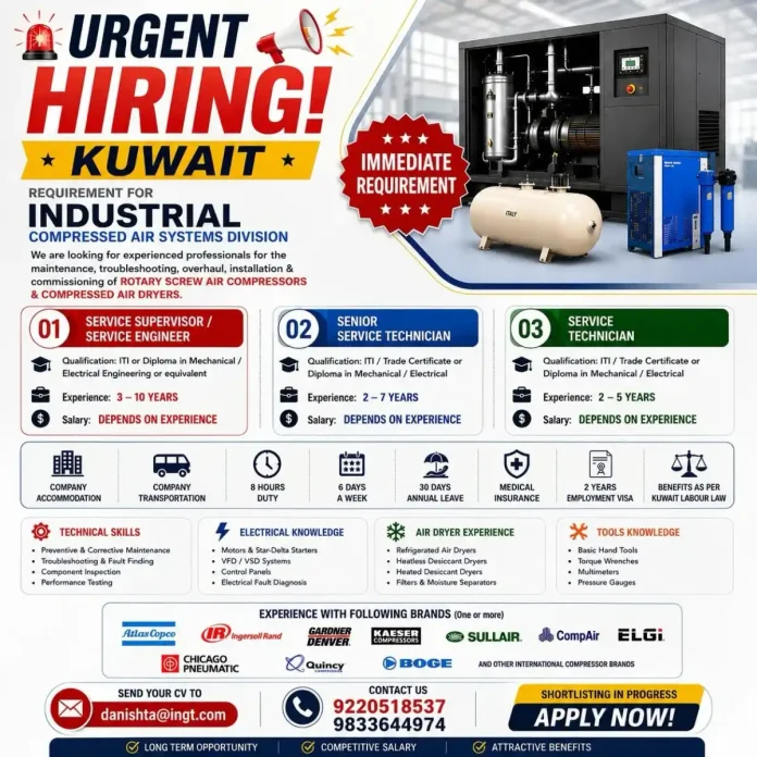 Industrial compressed air system technician working on rotary screw compressor
