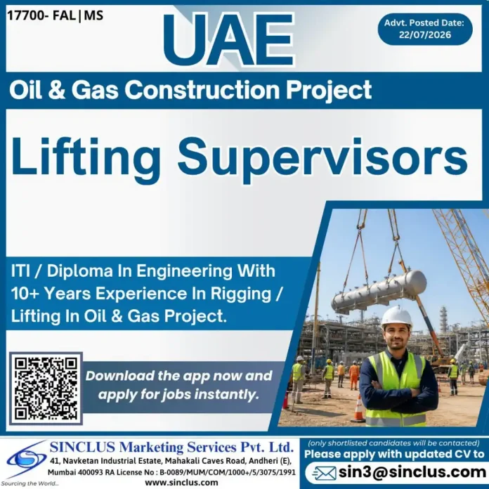 Lifting Supervisor job in UAE for Oil & Gas construction