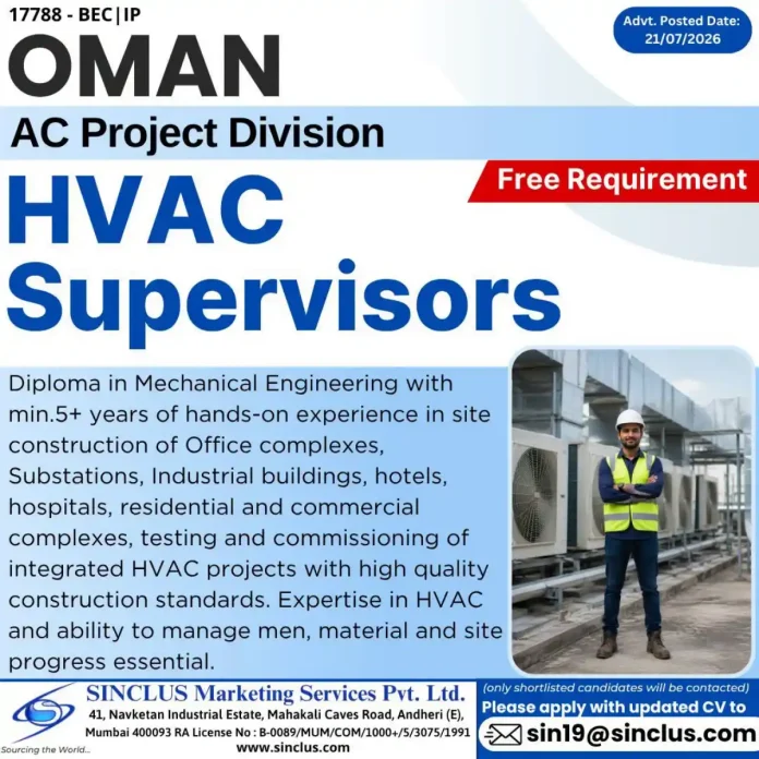 HVAC Supervisor job in Oman – air conditioning project