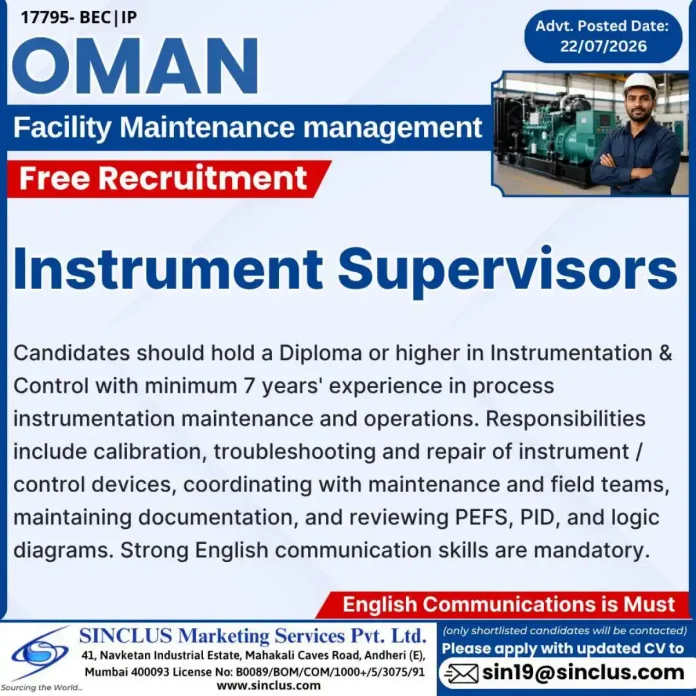 Instrument Supervisors job advertisement Oman
