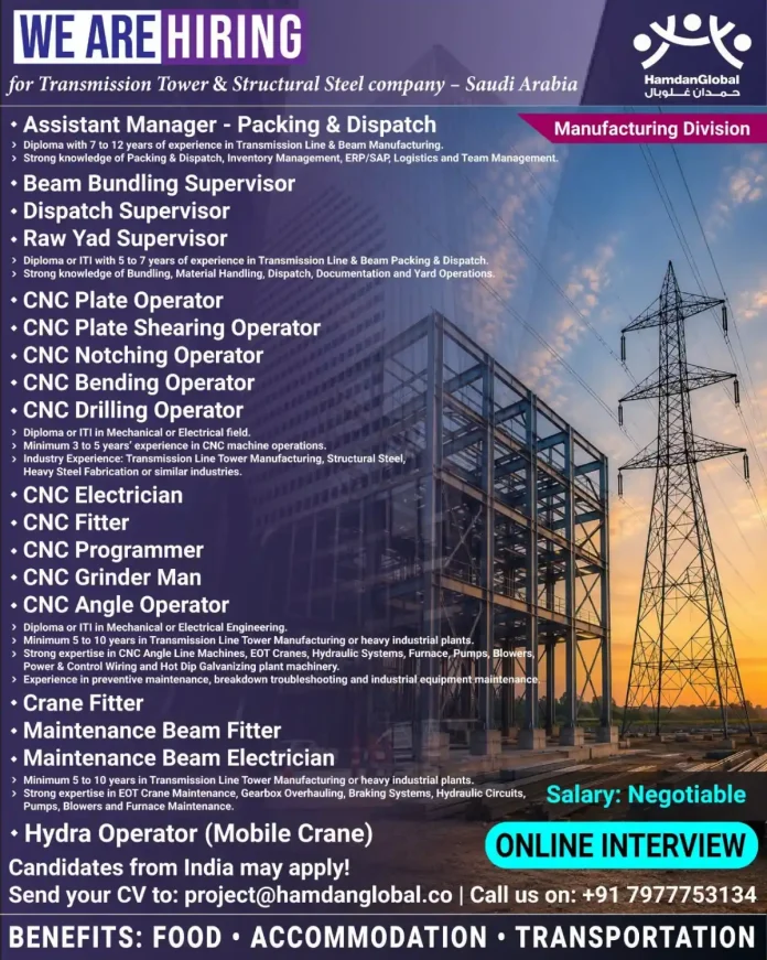 HamdanGlobal hiring for Transmission Tower and Structural Steel company in Saudi Arabia