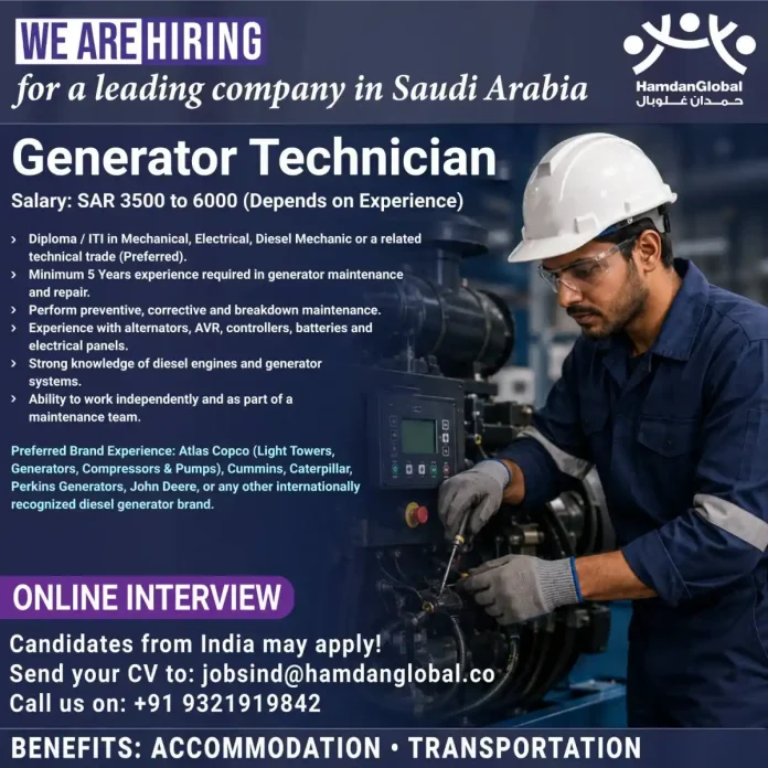 Generator Technician job opening in Saudi Arabia