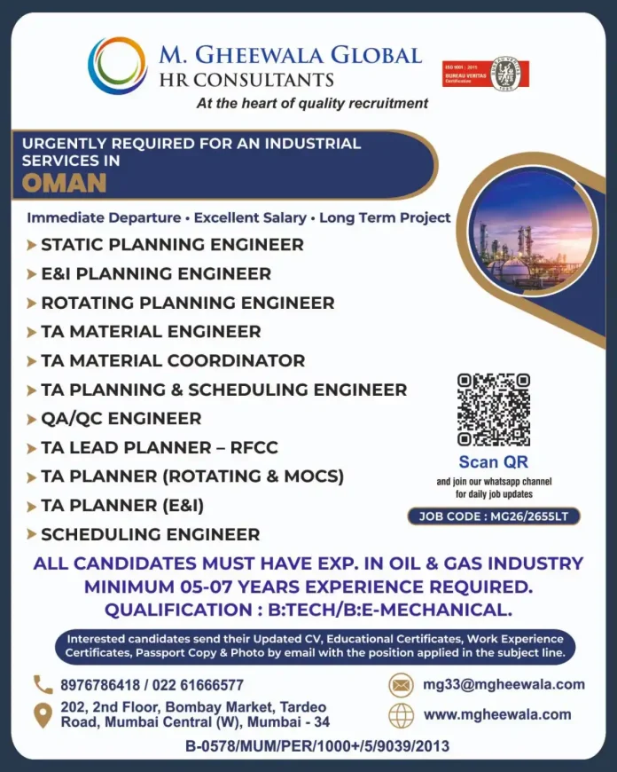 M. Gheewala Global HR Consultants job posting for engineering positions in Oman