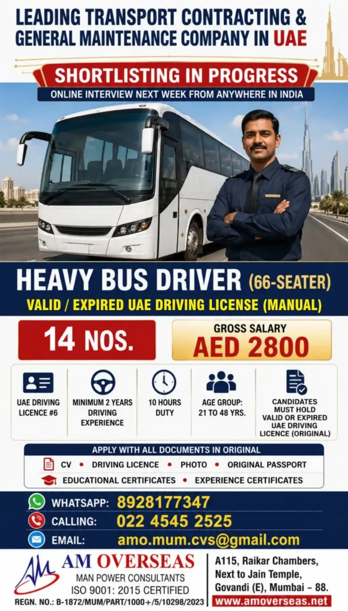 Heavy Bus Driver job in UAE – Online interview with AM Overseas
