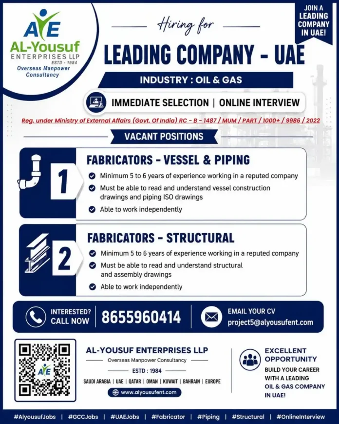 AL-Yousuf Enterprises fabricator job advertisement for UAE – Oil & Gas company hiring