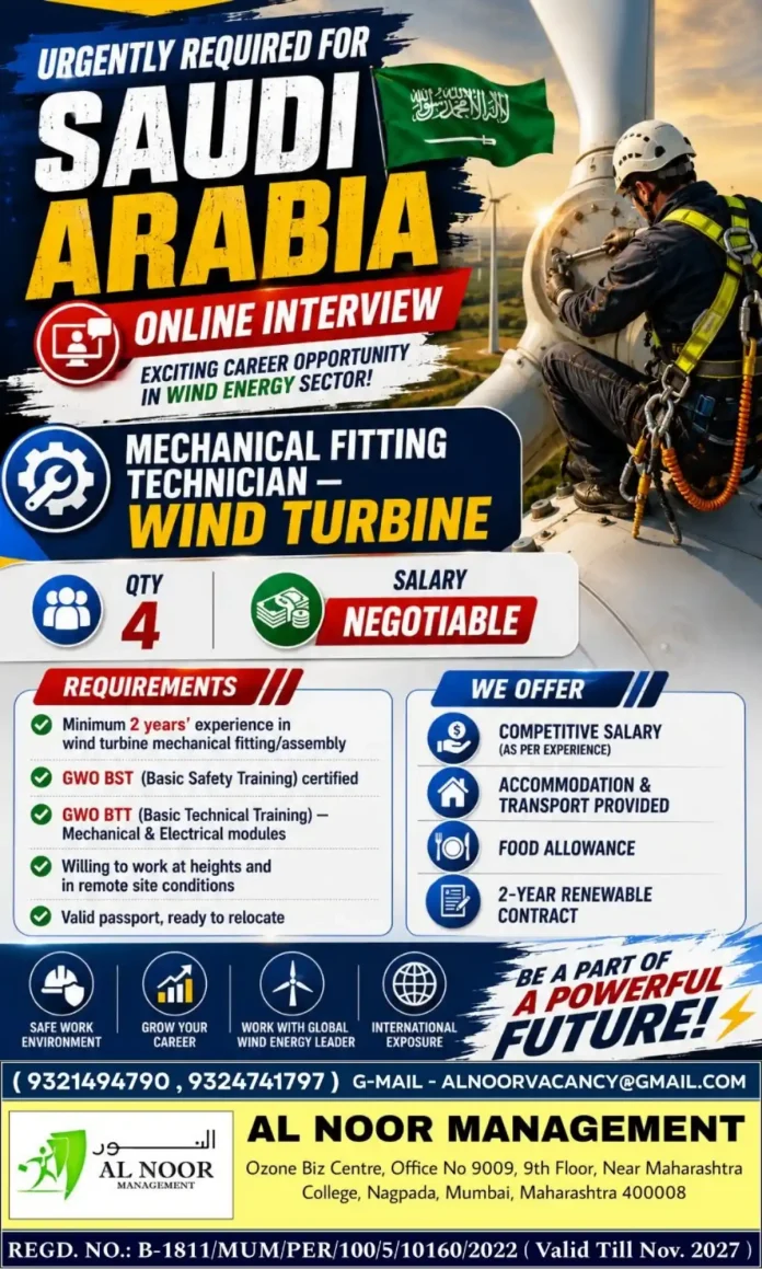 Wind turbine mechanical fitting technician job Saudi Arabia
