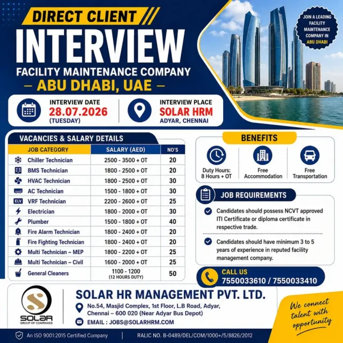 Walk-in interview for facility maintenance jobs in Abu Dhabi 2026