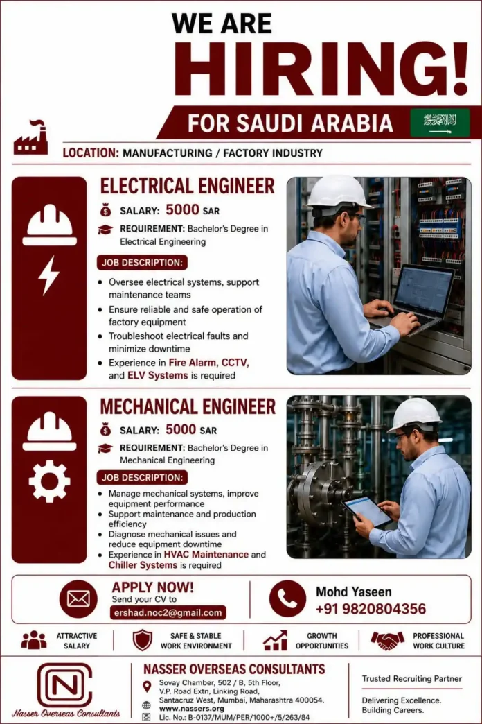 Electrical and Mechanical Engineers wanted for Saudi Arabia factory job