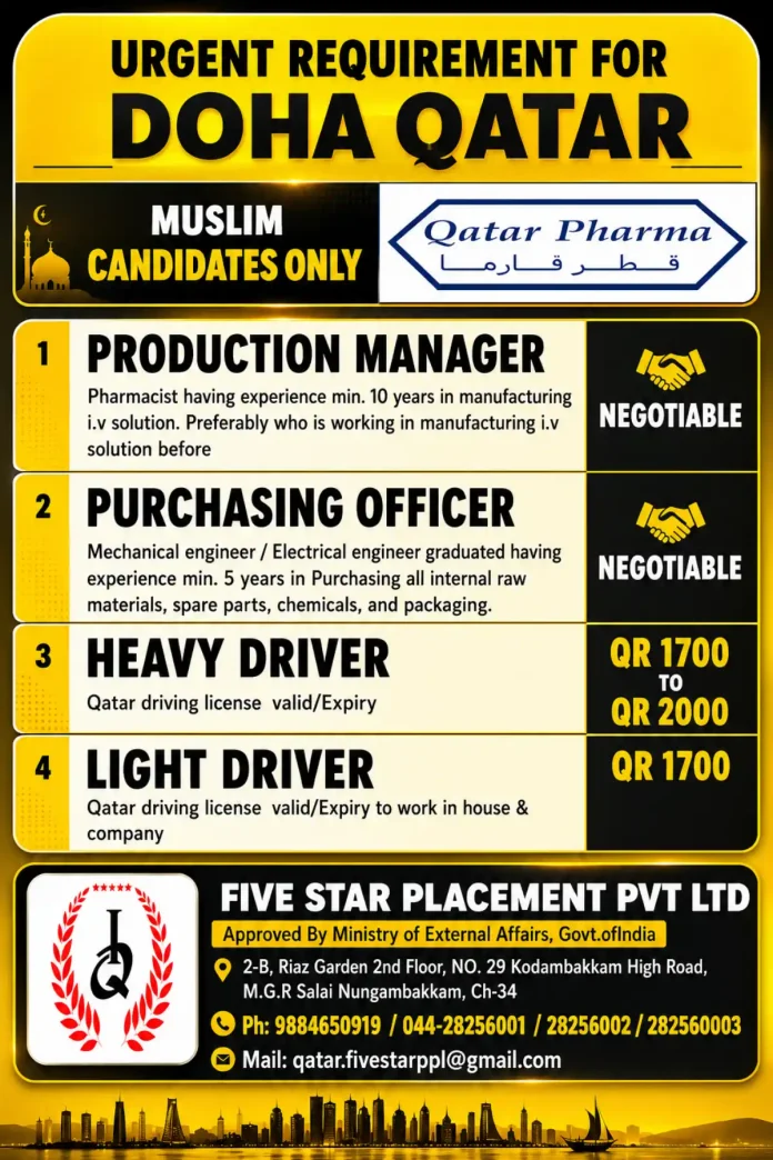Qatar Pharma job openings advertisement