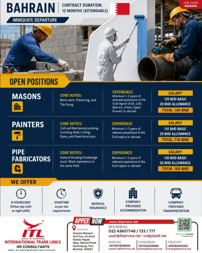 ITL Group of Companies recruitment for Bahrain jobs Masons Painters Pipe Fabricators