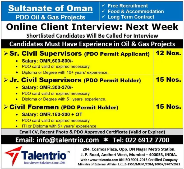 PDO oil and gas job recruitment Oman civil supervisor foreman
