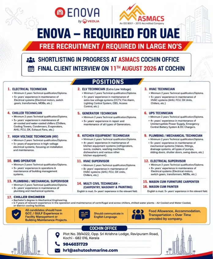 ENOVA by Veolia UAE recruitment 2026 – Technician and Supervisor jobs