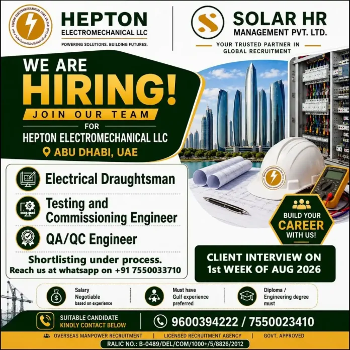 Hepton Electromechanical LLC recruitment banner with job openings in Abu Dhabi