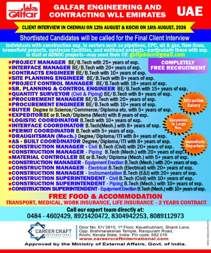 GALFAR Engineering Jobs UAE Client Interview Chennai Kochi