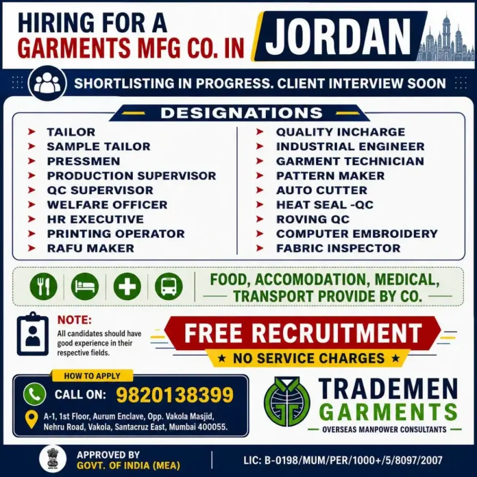 Garments manufacturing jobs in Jordan with Trademen Garments