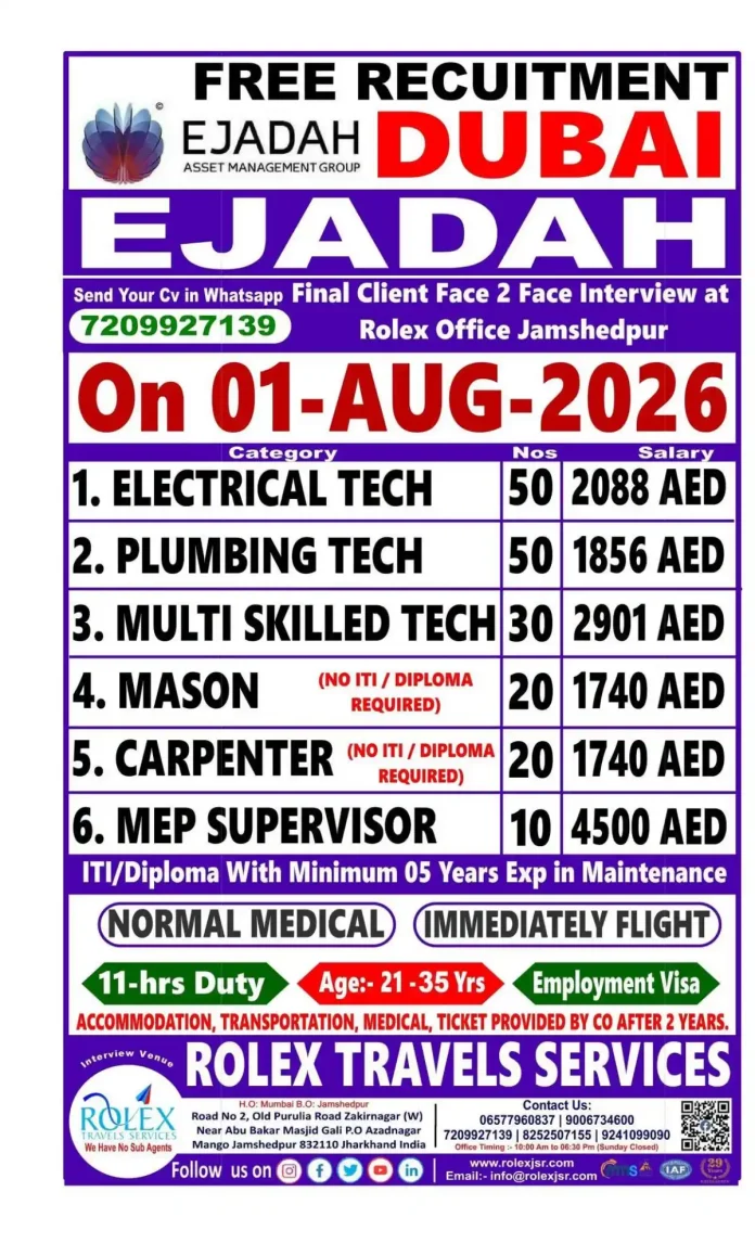 Ejadah Dubai Recruitment 2026 Jamshedpur Interview