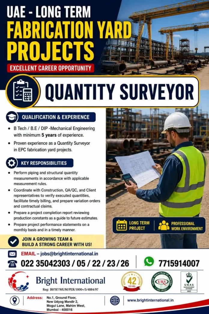 Quantity Surveyor job opportunity at Bright International for UAE fabrication yard
