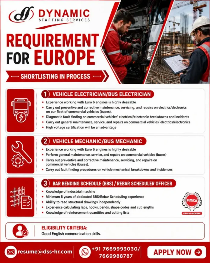 Dynamic Staffing Services Europe job opportunities for vehicle electrician, bus mechanic, BBS officer