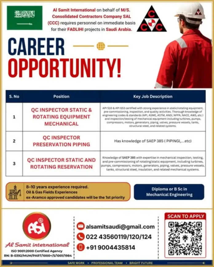 QC Inspector job opportunity FADLIHI Saudi Arabia Al Samit International