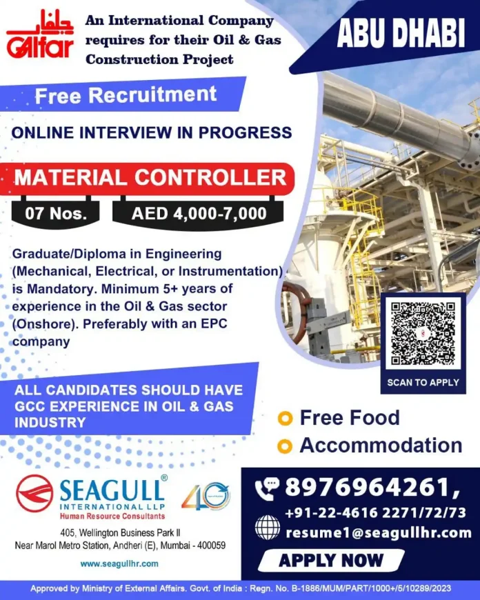 Material Controller job vacancy Abu Dhabi Oil & Gas Galafar