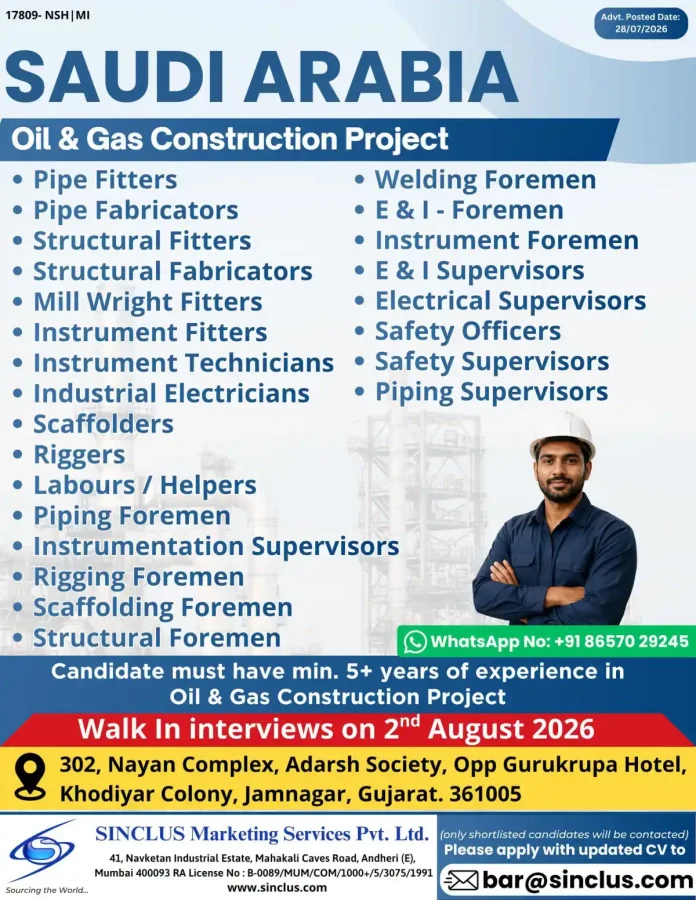 Oil & Gas Construction Project walk-in interview in Jamnagar for Saudi Arabia jobs