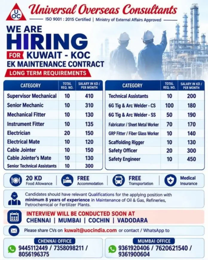 Universal Overseas Consultants hiring for Kuwait KOC maintenance contract