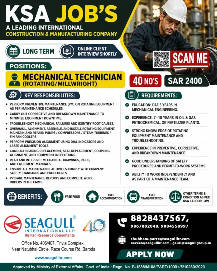 Mechanical Technician Rotating Millwright KSA Job Seagull International