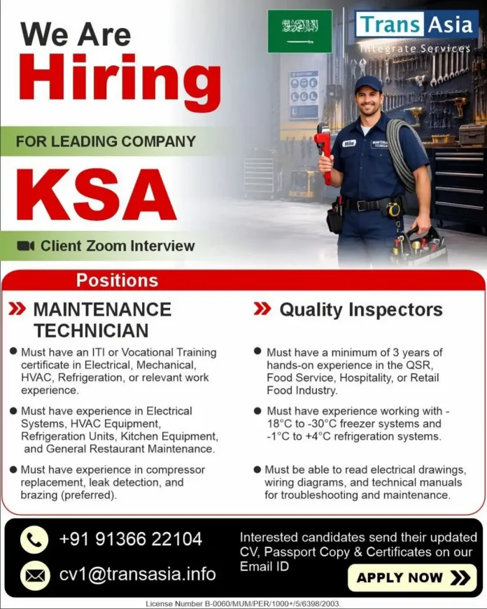Maintenance Technician and Quality Inspector jobs in Saudi Arabia