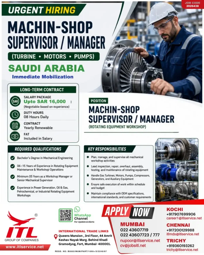 Machin-Shop Supervisor Manager Job Saudi Arabia