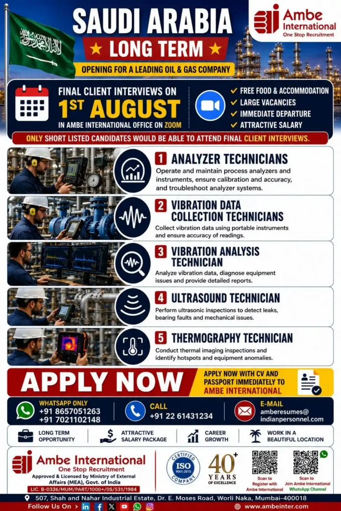 Ambe International recruitment for oil and gas technician jobs in Saudi Arabia