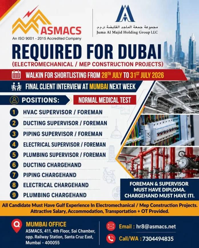 ASMACS walk-in interview for MEP construction jobs in Dubai