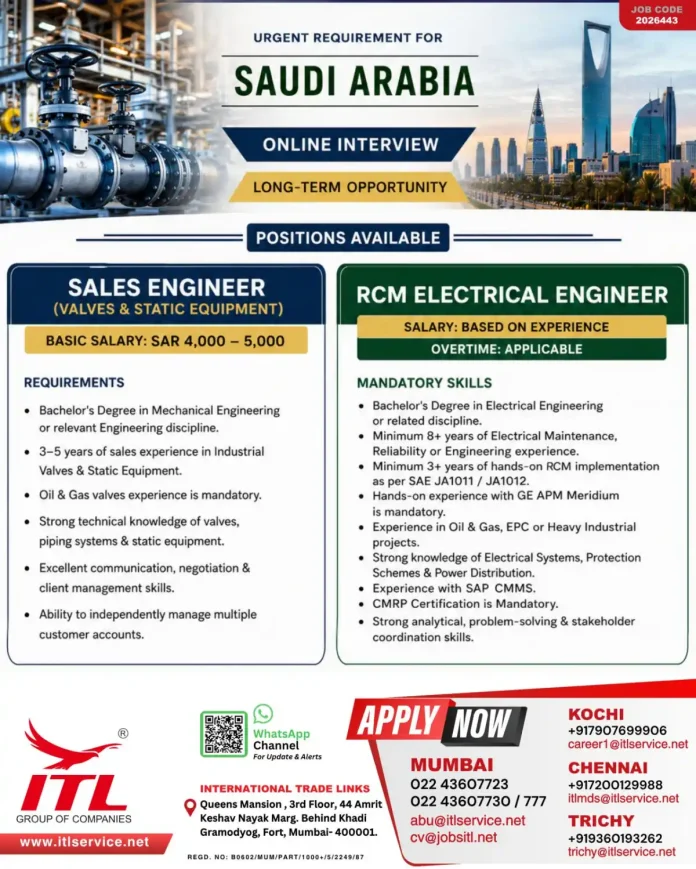 Sales Engineer and RCM Electrical Engineer recruitment Saudi Arabia