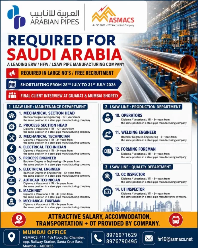 Saudi Arabia pipe manufacturing jobs recruitment ASMACS Arabian Pipes