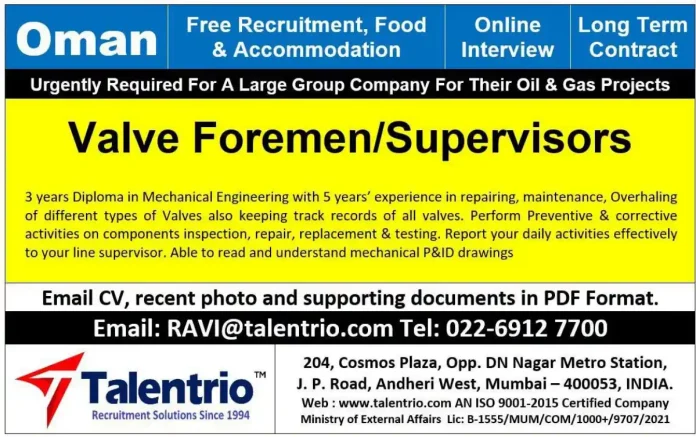 Valve Foremen Supervisors Oman Recruitment
