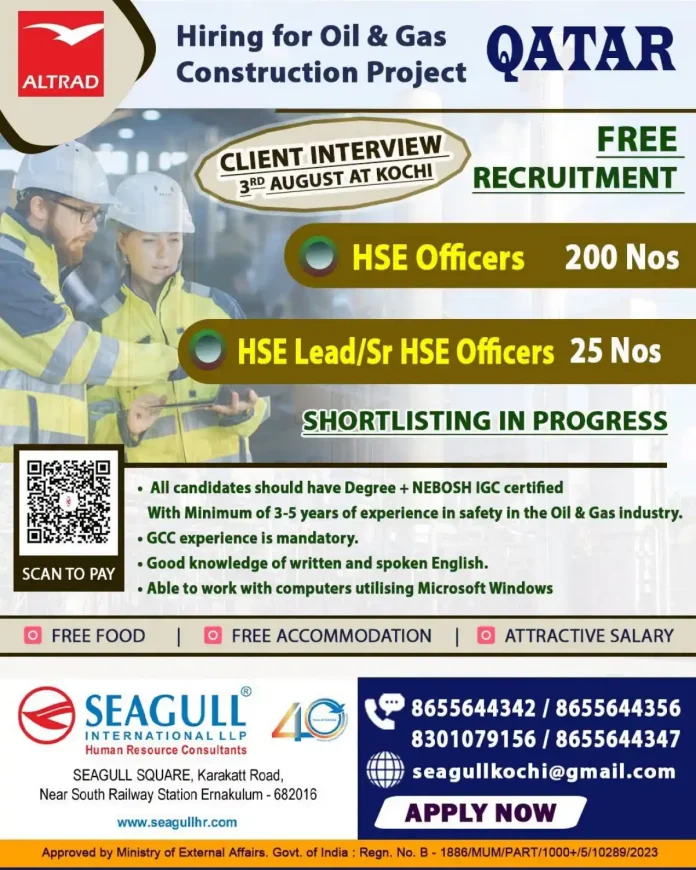 ALTRAD HSE Officer and HSE Lead Qatar recruitment poster with client interview on 3rd August at Kochi