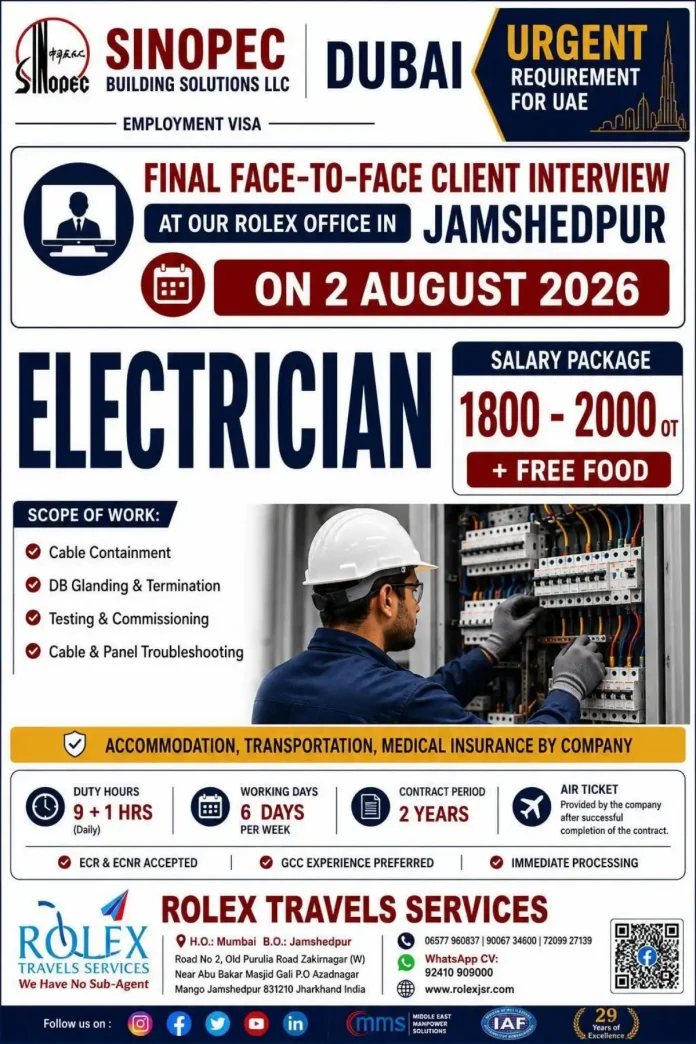 SINOPEC Electrician job Dubai interview Jamshedpur 2026
