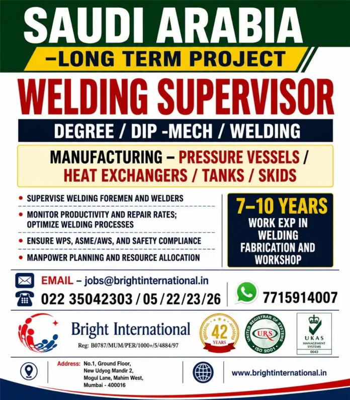 Welding Supervisor job in Saudi Arabia