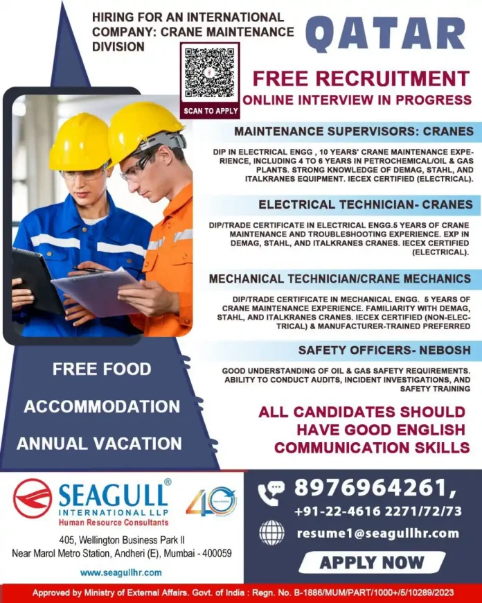 Crane maintenance job recruitment Qatar by Seagull International LLP