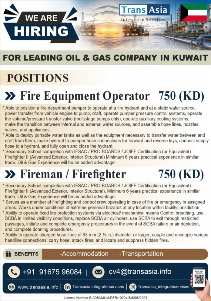 Fire Equipment Operator and Firefighter jobs in Kuwait with Trans Asia Integrate Services