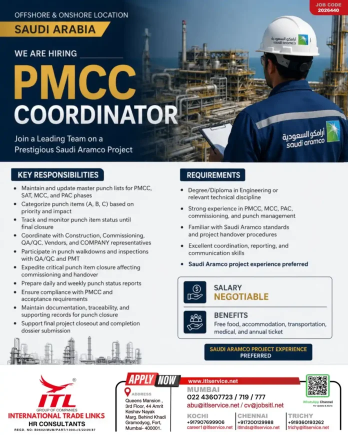 PMCC Coordinator Job Saudi Aramco Project