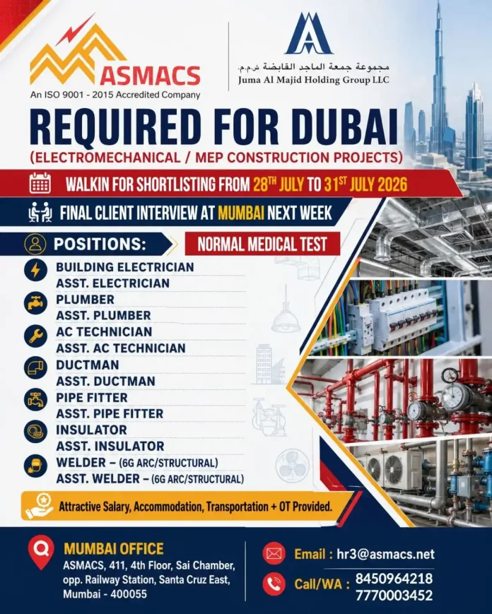 Construction workers at a Dubai MEP project site