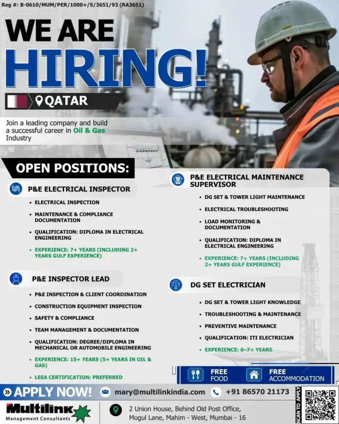 Job posting for Oil & Gas positions in Qatar including Electrical Inspector, Supervisor, Inspector Lead and Electrician