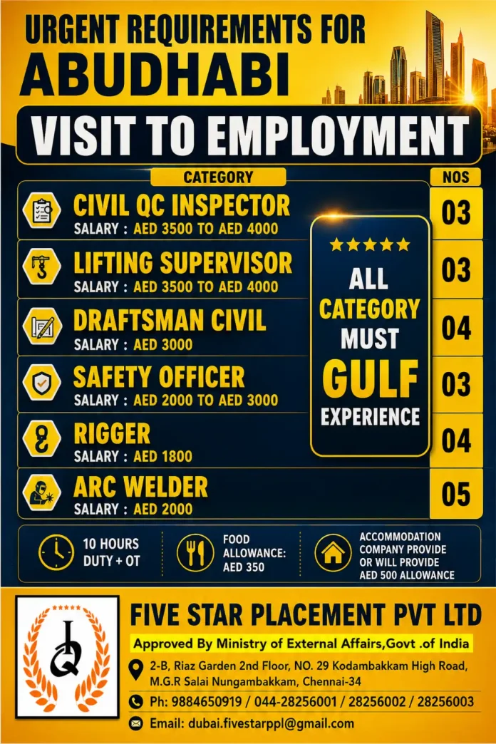 Abu Dhabi visit visa employment for construction workers – urgent recruitment
