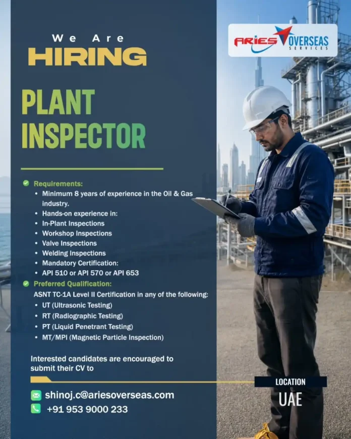 Plant Inspector job opening in UAE - Oil & Gas industry