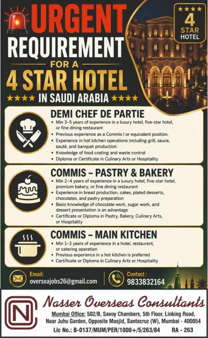 4 star hotel kitchen staff hiring Saudi Arabia